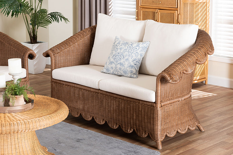 Contantine Natural Rattan Loveseat with Cushion, Scalloped Skirt Base