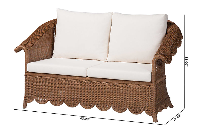 Contantine Natural Rattan Loveseat with Cushion, Scalloped Skirt Base