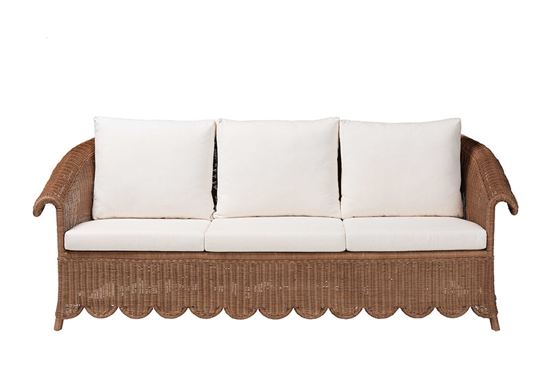 Contantine Natural Rattan Sofa with Cushion, Scalloped Skirt Base