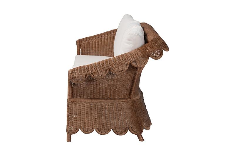 Contantine Natural Rattan Sofa with Cushion, Scalloped Skirt Base