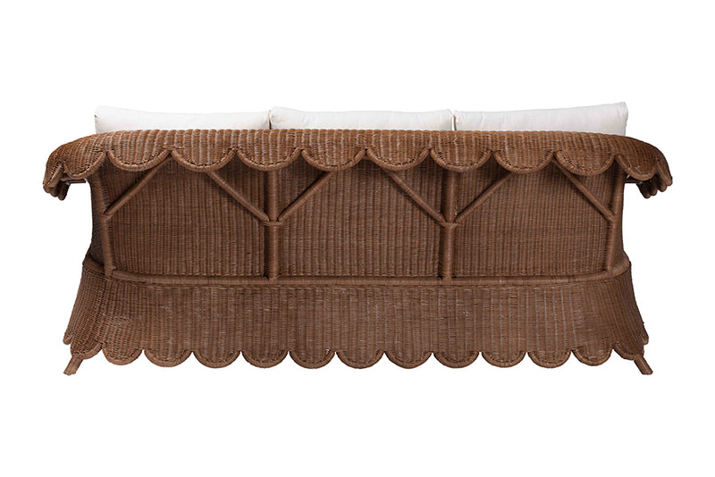 Contantine Natural Rattan Sofa with Cushion, Scalloped Skirt Base