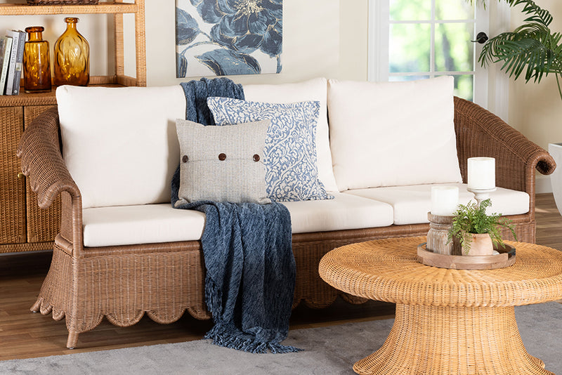 Contantine Natural Rattan Sofa with Cushion, Scalloped Skirt Base