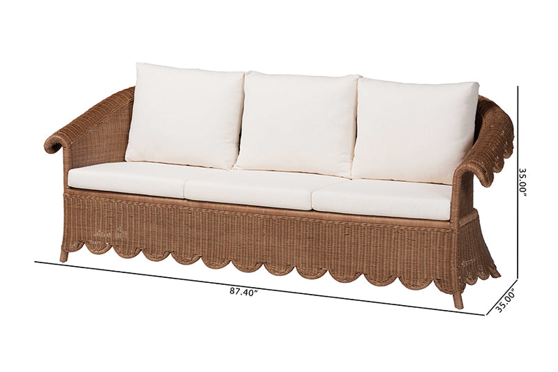 Contantine Natural Rattan Sofa with Cushion, Scalloped Skirt Base
