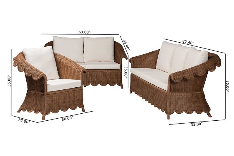 Contantine Natural Rattan 3-Piece Living Room Set with Scalloped Skirt Base