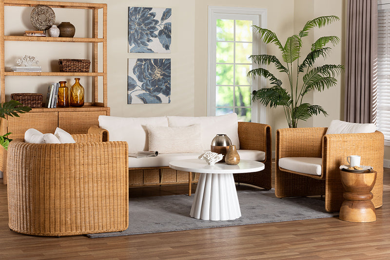 Katrina Natural Rattan 3-Piece Living Room Set - Lounge Sofa and Two Armchairs