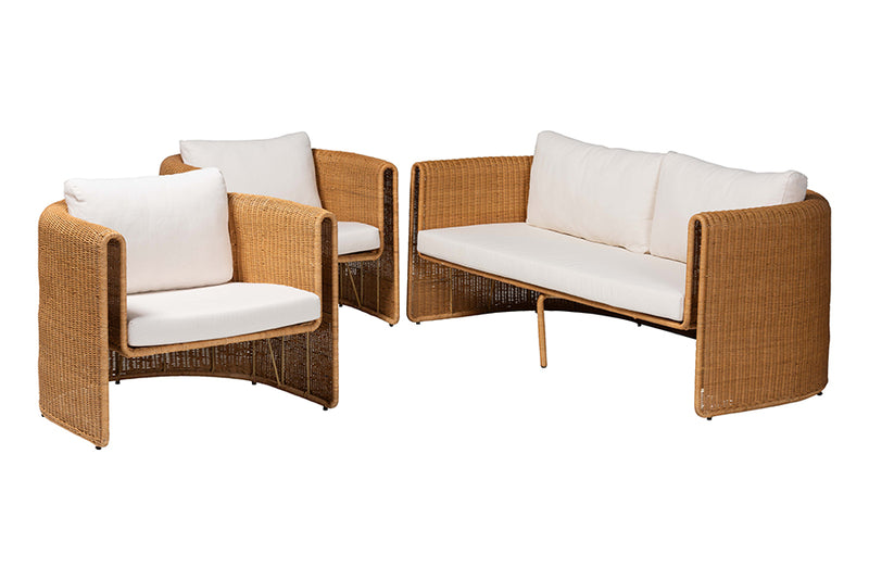Katrina Natural Rattan 3-Piece Living Room Set - Lounge Sofa and Two Armchairs