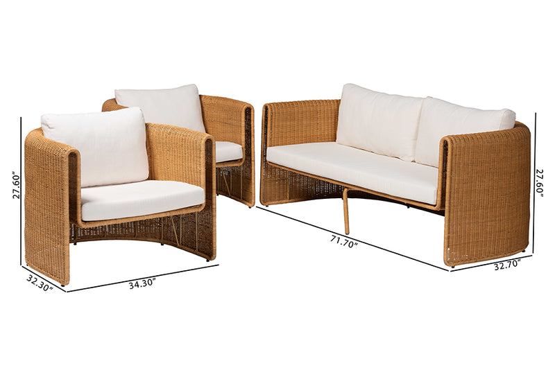 Katrina Natural Rattan 3-Piece Living Room Set - Lounge Sofa and Two Armchairs
