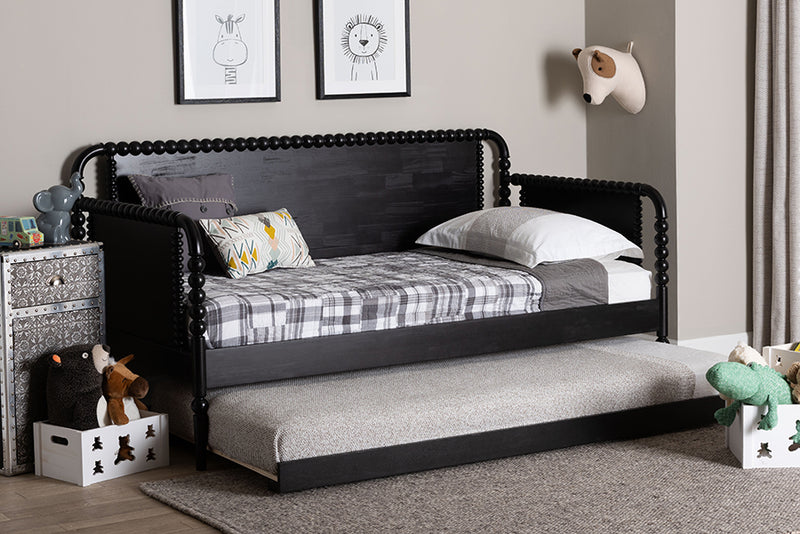 Laverne Bobbin Daybed with Rolling Trundle, Twin, Black