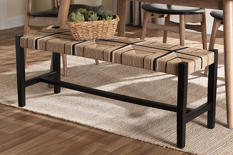 Morris Woven Paper Loom Bench with Mahogany Wood Frame, Brown/Black