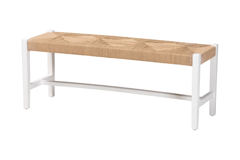 Morris Woven Paper Loom Bench with Mahogany Wood Frame, Brown/White