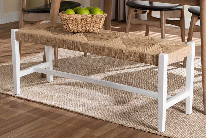 Morris Woven Paper Loom Bench with Mahogany Wood Frame, Brown/White