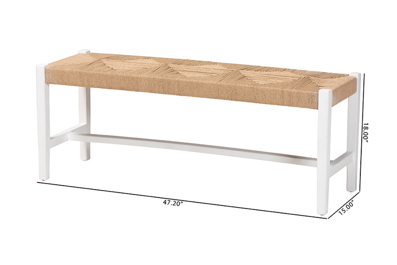 Morris Woven Paper Loom Bench with Mahogany Wood Frame, Brown/White