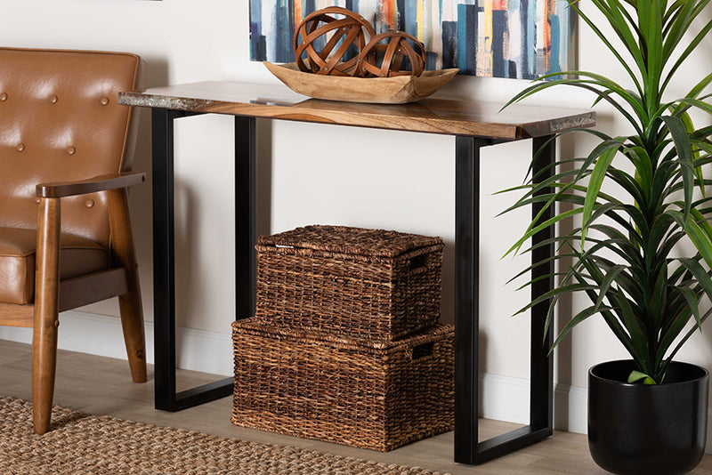 Kelsey Wood Epoxy Resin Console Table with Glass Inlay, Natural Brown/White/Black