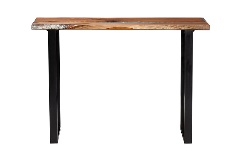 Kelsey Wood Epoxy Resin Console Table with Glass Inlay, Natural Brown/White/Black