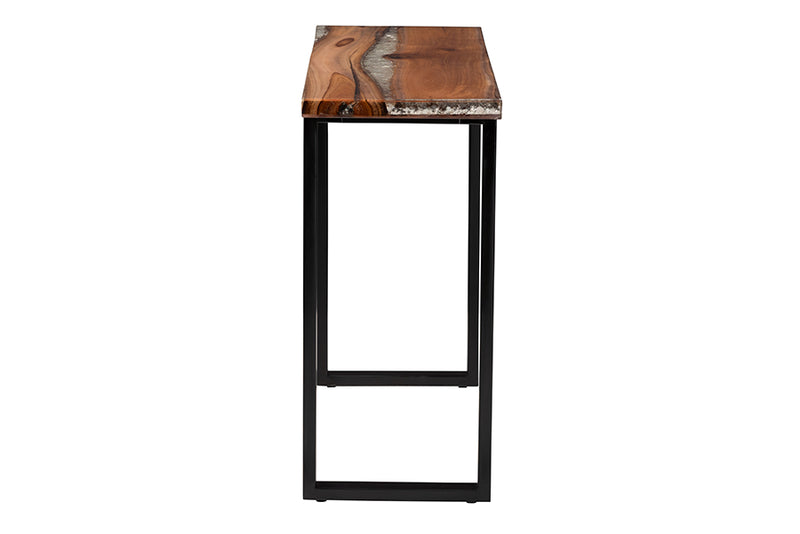 Kelsey Wood Epoxy Resin Console Table with Glass Inlay, Natural Brown/White/Black
