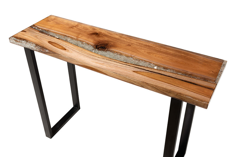 Kelsey Wood Epoxy Resin Console Table with Glass Inlay, Natural Brown/White/Black