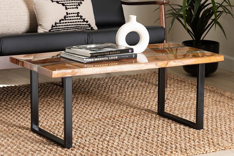 Kelsey Wood Epoxy Resin Coffee Table with Glass Inlay, Natural Brown/White/Black