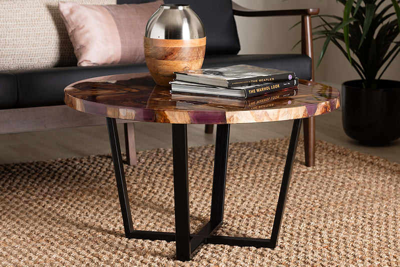 Kelsey Round Wood Epoxy Resin Coffee Table, Natural Brown/Purple/Black