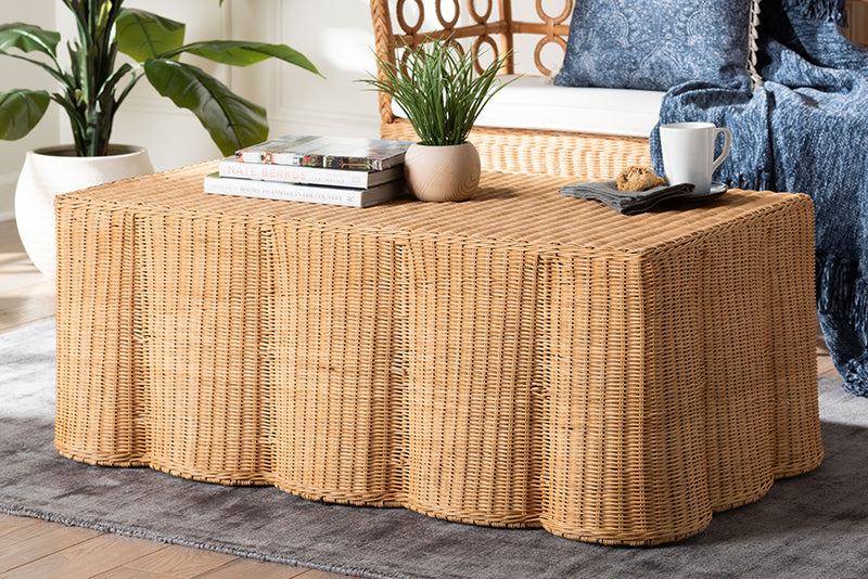 Claire Scalloped Rattan Coffee Table, Light Honey