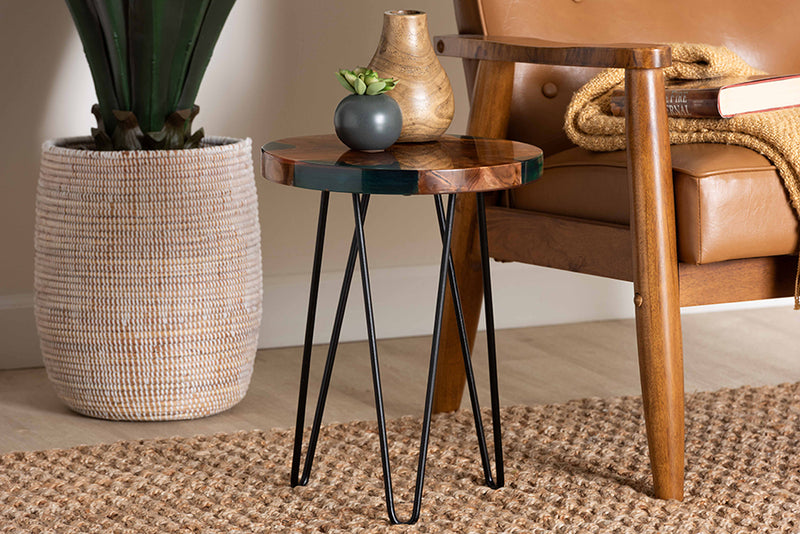 Jerome Teak Wood Epoxy Resin End Table, Natural Brown/Green