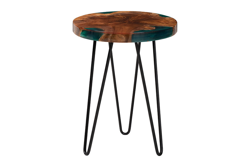 Jerome Teak Wood Epoxy Resin End Table, Natural Brown/Green