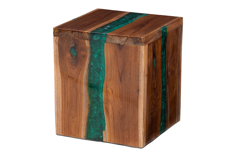 Jerome Teak Wood Epoxy Resin End Table, Natural Brown/Green