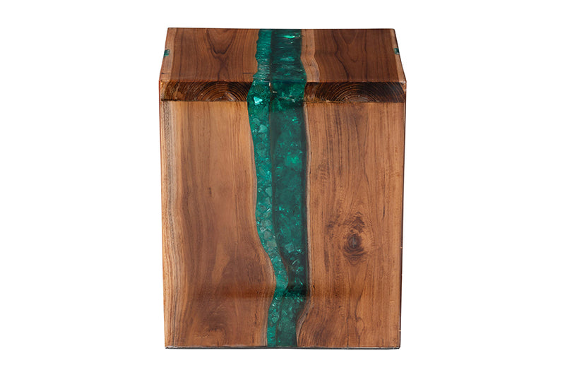 Jerome Teak Wood Epoxy Resin End Table, Natural Brown/Green