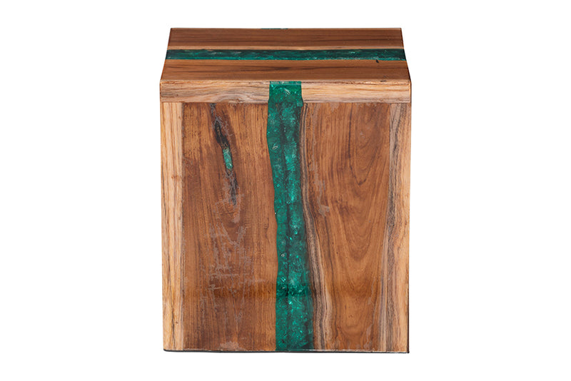 Jerome Teak Wood Epoxy Resin End Table, Natural Brown/Green