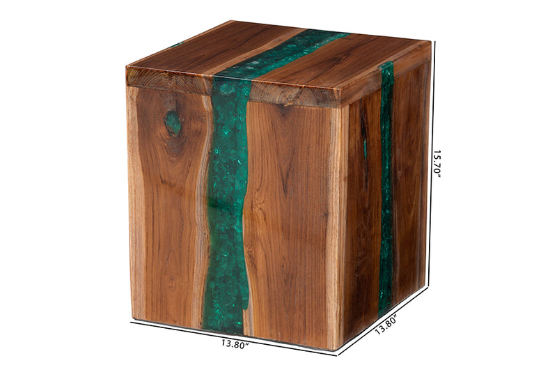 Jerome Teak Wood Epoxy Resin End Table, Natural Brown/Green