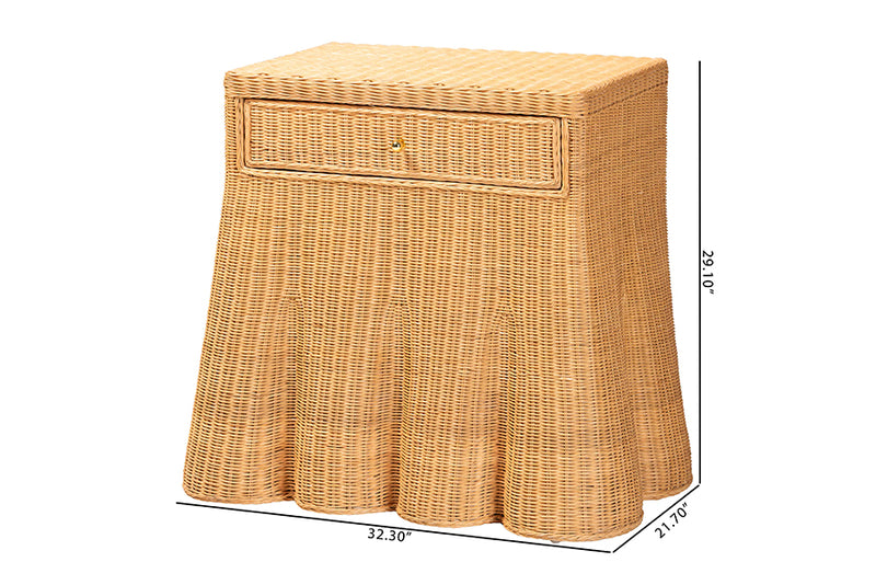 Nadaline Scalloped Natural Rattan Console Table with Drawer, Light Honey