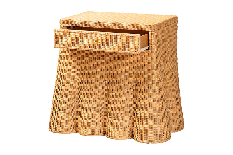 Nadaline Scalloped Natural Rattan Console Table with Drawer, Light Honey