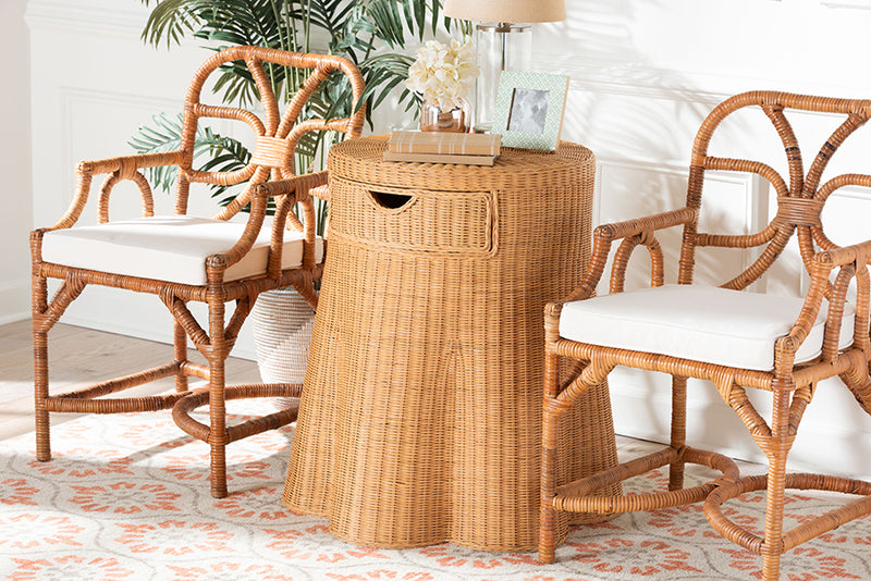 Madaline Scalloped Natural Rattan Console Table with Drawer, Light Honey