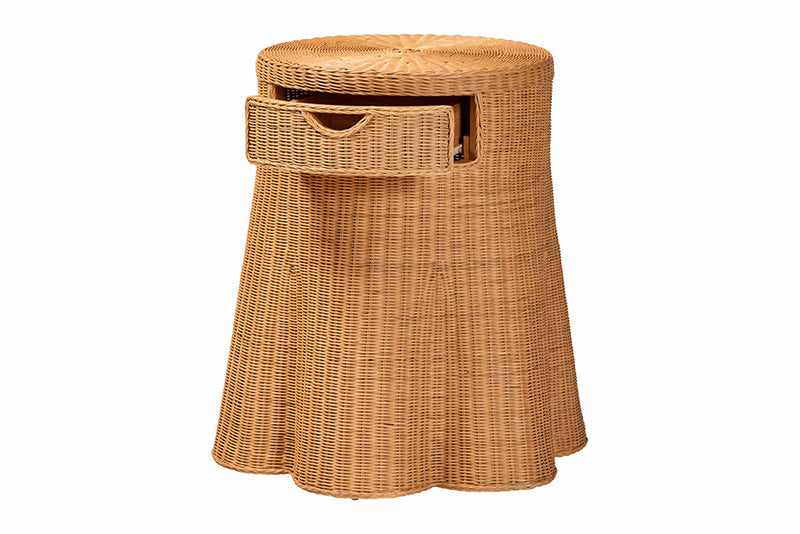 Madaline Scalloped Natural Rattan Console Table with Drawer, Light Honey