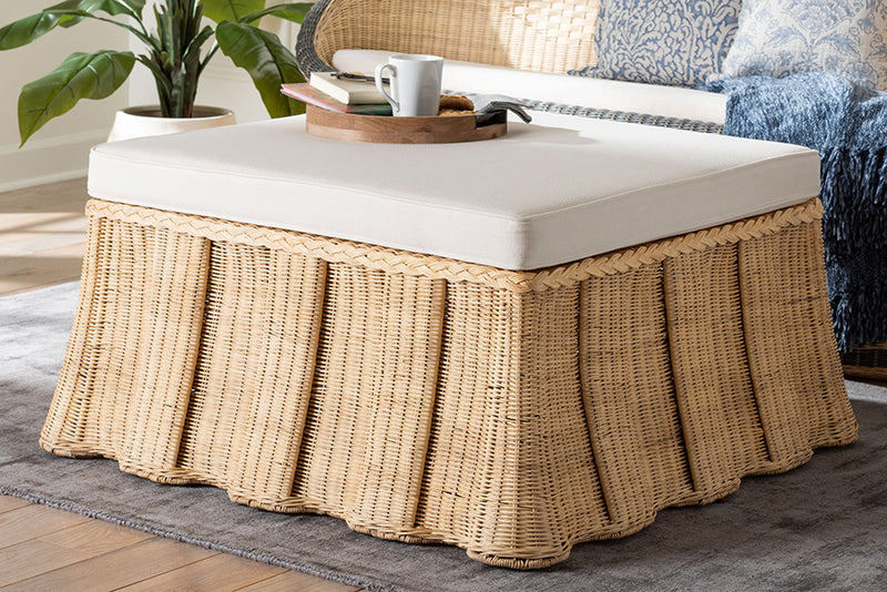 Magdelina Natural Rattan Ottoman with Cushion, Natural Brown
