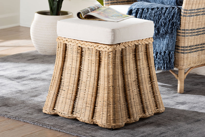 Magdelina Natural Rattan Ottoman with Cushion, Natural Brown