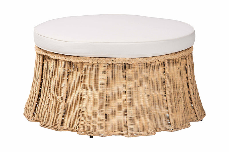 Jonny Round Natural Rattan Ottoman with Cushion, Natural Brown
