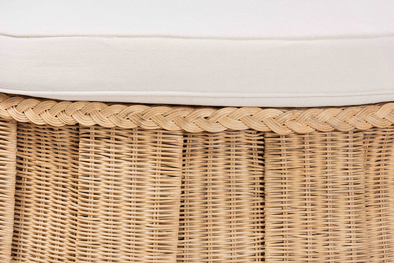 Jonny Round Natural Rattan Ottoman with Cushion, Natural Brown