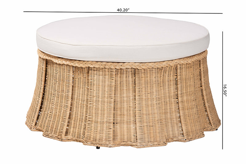 Jonny Round Natural Rattan Ottoman with Cushion, Natural Brown