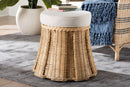 Jonny Round Natural Rattan Ottoman with Cushion, Natural Brown