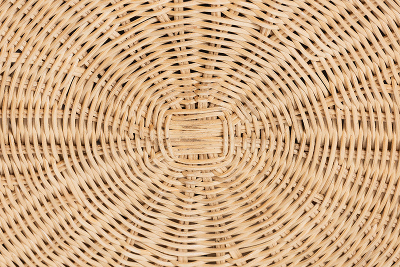 Jonny Round Natural Rattan Ottoman with Cushion, Natural Brown