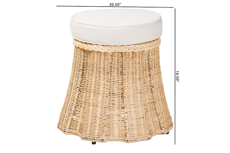 Jonny Round Natural Rattan Ottoman with Cushion, Natural Brown