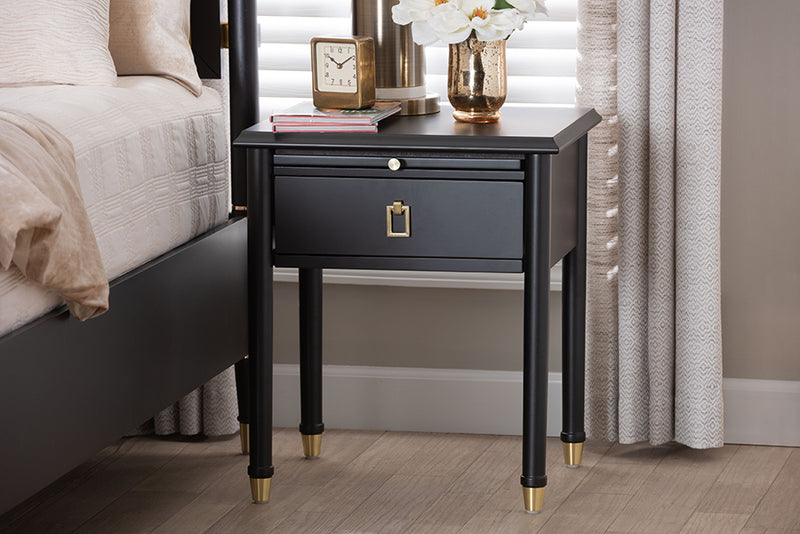 Ben Black Wood Nightstand with Pullout Shelf, Black