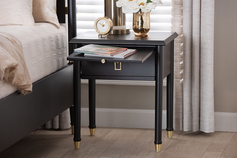 Ben Black Wood Nightstand with Pullout Shelf, Black