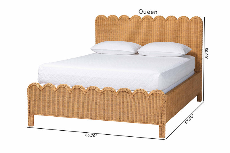Zoey Scalloped Natural Rattan Bed Frame, Light Honey