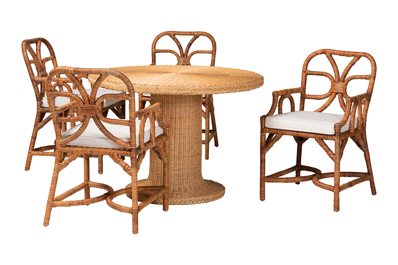 Judith 5 Piece Rattan Dining Set, Light Honey
