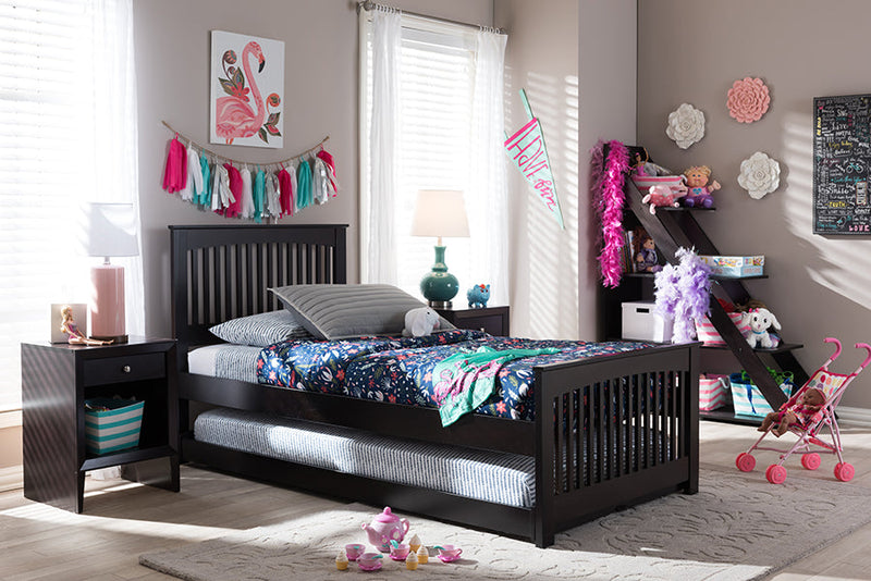 Olwen Twin Size Dark Brown Solid Wood Platform Bed w/Guest Trundle Bed Baxton