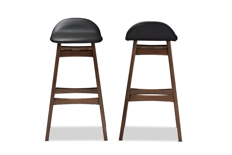 Perret Mid-century Retro Modern Scandinavian Style Black Faux Leather Upholstered Walnut Wood Finishing 30-Inches Bar Stool (Set of 2)