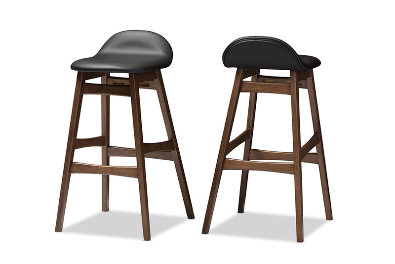 Perret Mid-century Retro Modern Scandinavian Style Black Faux Leather Upholstered Walnut Wood Finishing 30-Inches Bar Stool (Set of 2)