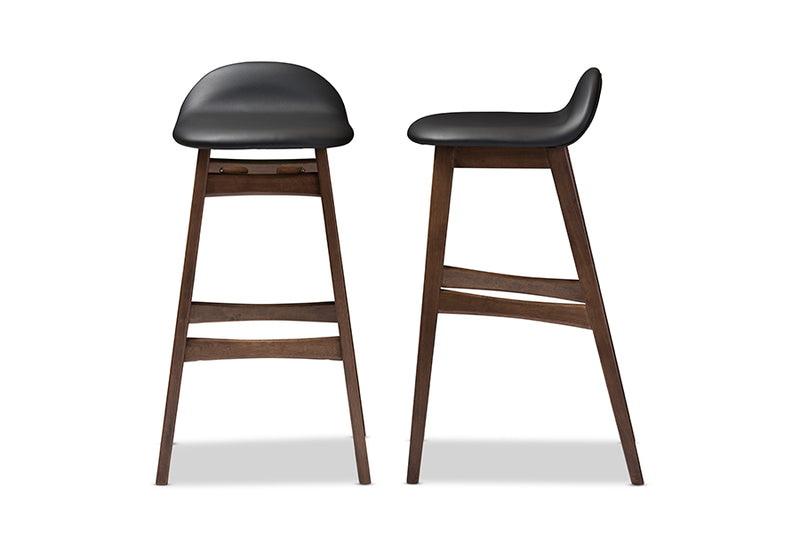 Perret Mid-century Retro Modern Scandinavian Style Black Faux Leather Upholstered Walnut Wood Finishing 30-Inches Bar Stool (Set of 2)