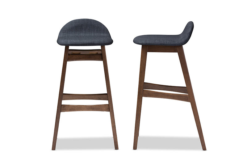 Perret Dark Blue Fabric Walnut Wood Finishing 30-Inches Bar Stool (Set of 2) Baxton